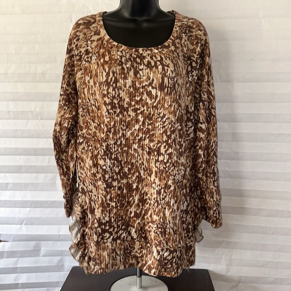 Kim & Cami Women's 2X Brown Animal Print Ribbed Long Sleeve Top Shirt